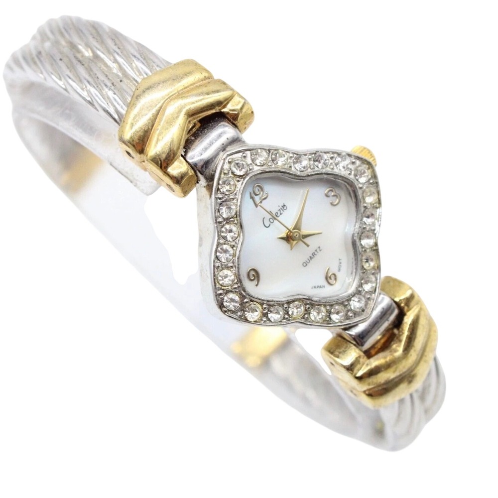 Collezio Two Tone Twisted Cable Cuff Bangle Watch Rhinestone MOP Dial Quartz